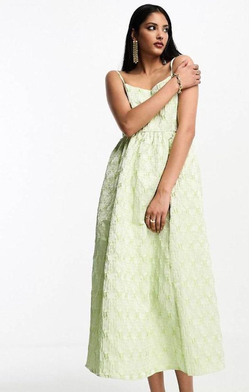 Selected Femme Jacquard Cami Midi Dress In Pastel Lime Floral – dresses by Selected, available to rent from Hirestreet