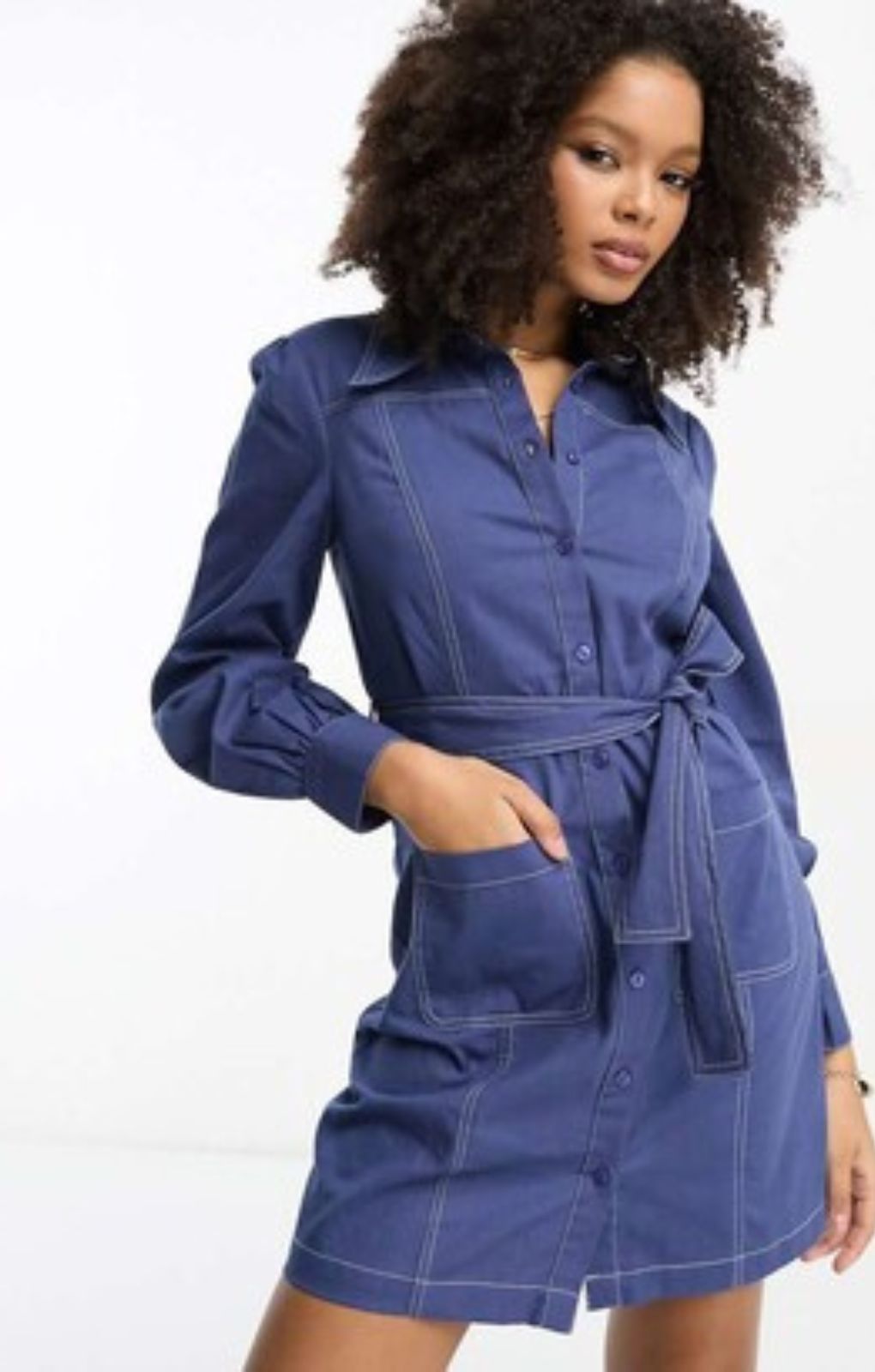 Asos Design Twill Belted Shirt Dress With Contrast Stitch In Blue – dresses by ASOS DESIGN, available to rent from Hirestreet