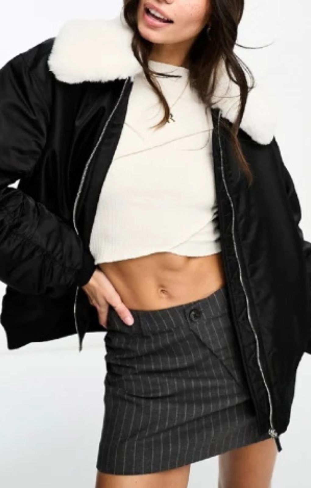 Miss Selfridge Faux Fur Collar Bomber Jacket In Black – coats & jackets by Miss Selfridge, available to rent from Hirestreet