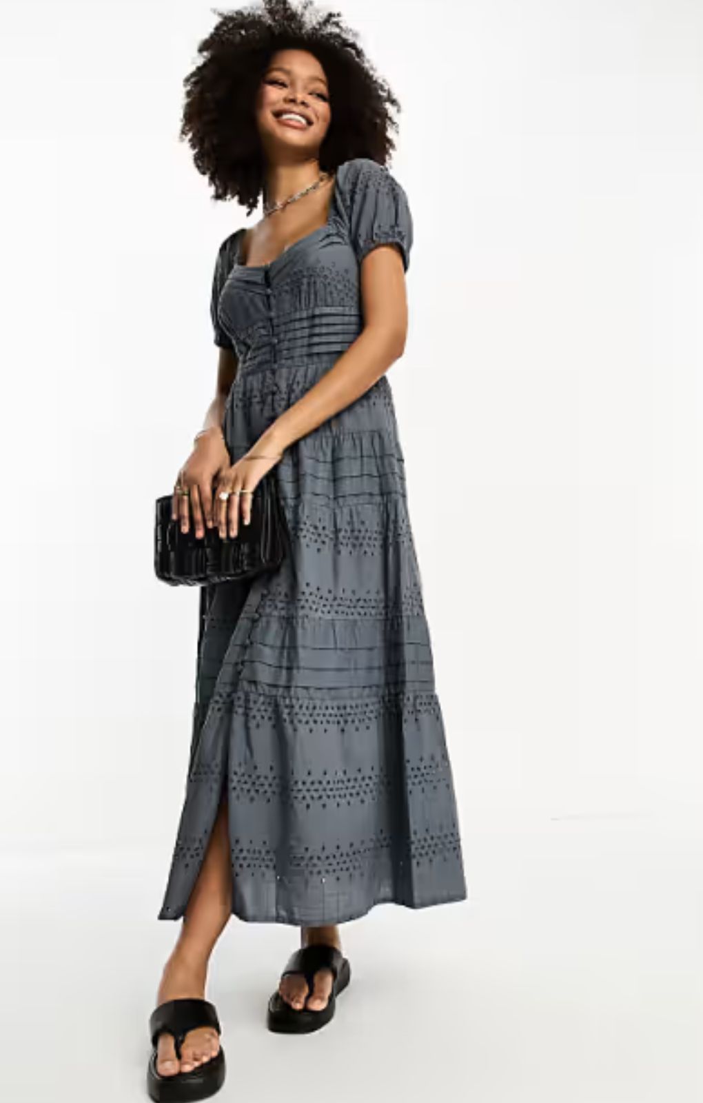 Asos Design Broderie Button Through Tiered Maxi Tea Dress In Slate Grey – dresses by ASOS DESIGN, available to rent from Hirestreet