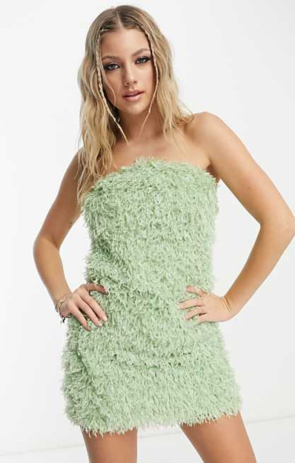 Pieces Premium Faux Feather Bandeau Mini Dress In Mint – dresses by Pieces, available to rent from Hirestreet