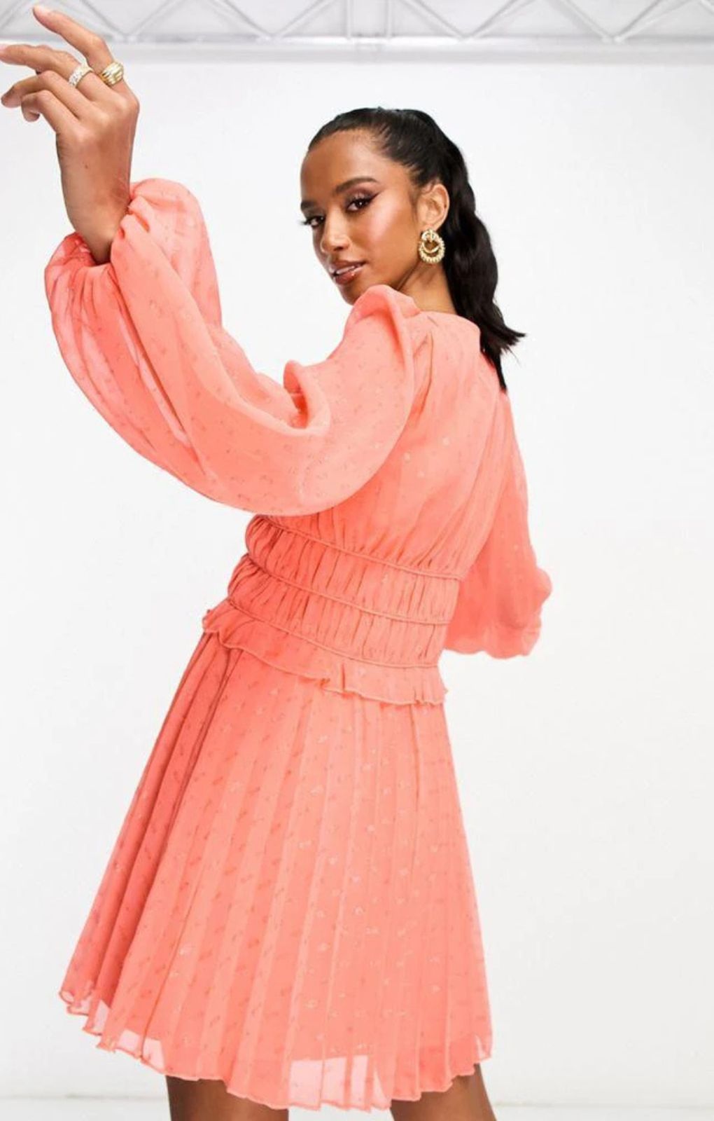Asos Design Petite Button Through Ruched Waist Pleated Mini Dress In Metallic Dobby In Coral – dresses by ASOS Petite, available to rent from Hirestreet
