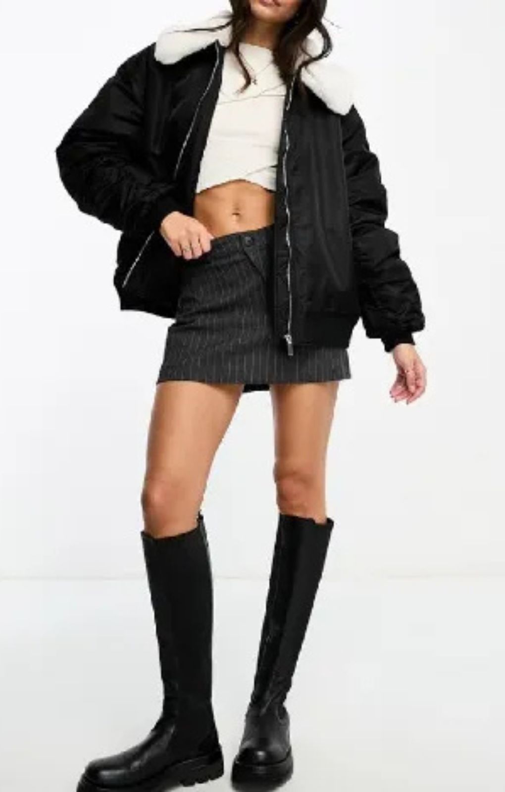 Miss Selfridge Faux Fur Collar Bomber Jacket In Black – coats & jackets by Miss Selfridge, available to rent from Hirestreet