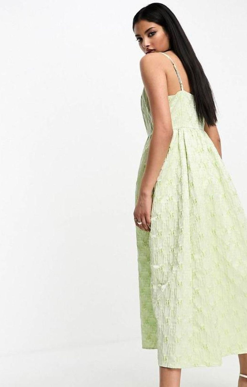Selected Femme Jacquard Cami Midi Dress In Pastel Lime Floral – dresses by Selected, available to rent from Hirestreet