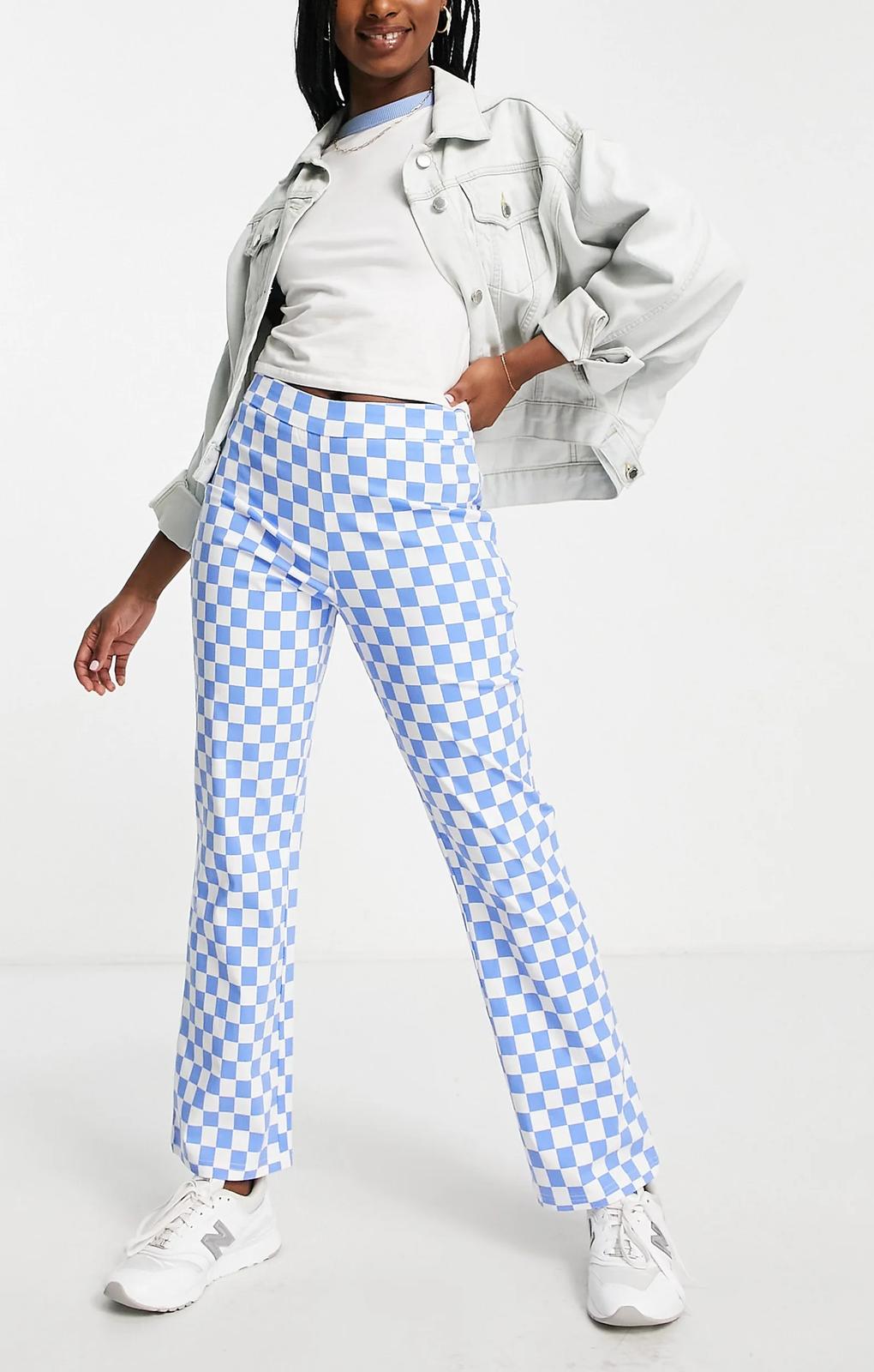 Pieces Flared Trousers In Pastel Blue Check – trousers by Pieces, available to rent from Hirestreet