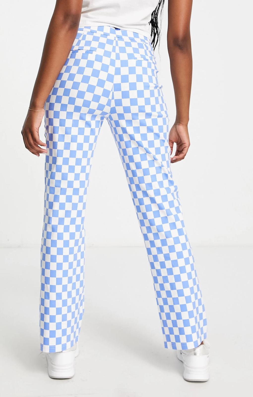 Pieces Flared Trousers In Pastel Blue Check – trousers by Pieces, available to rent from Hirestreet