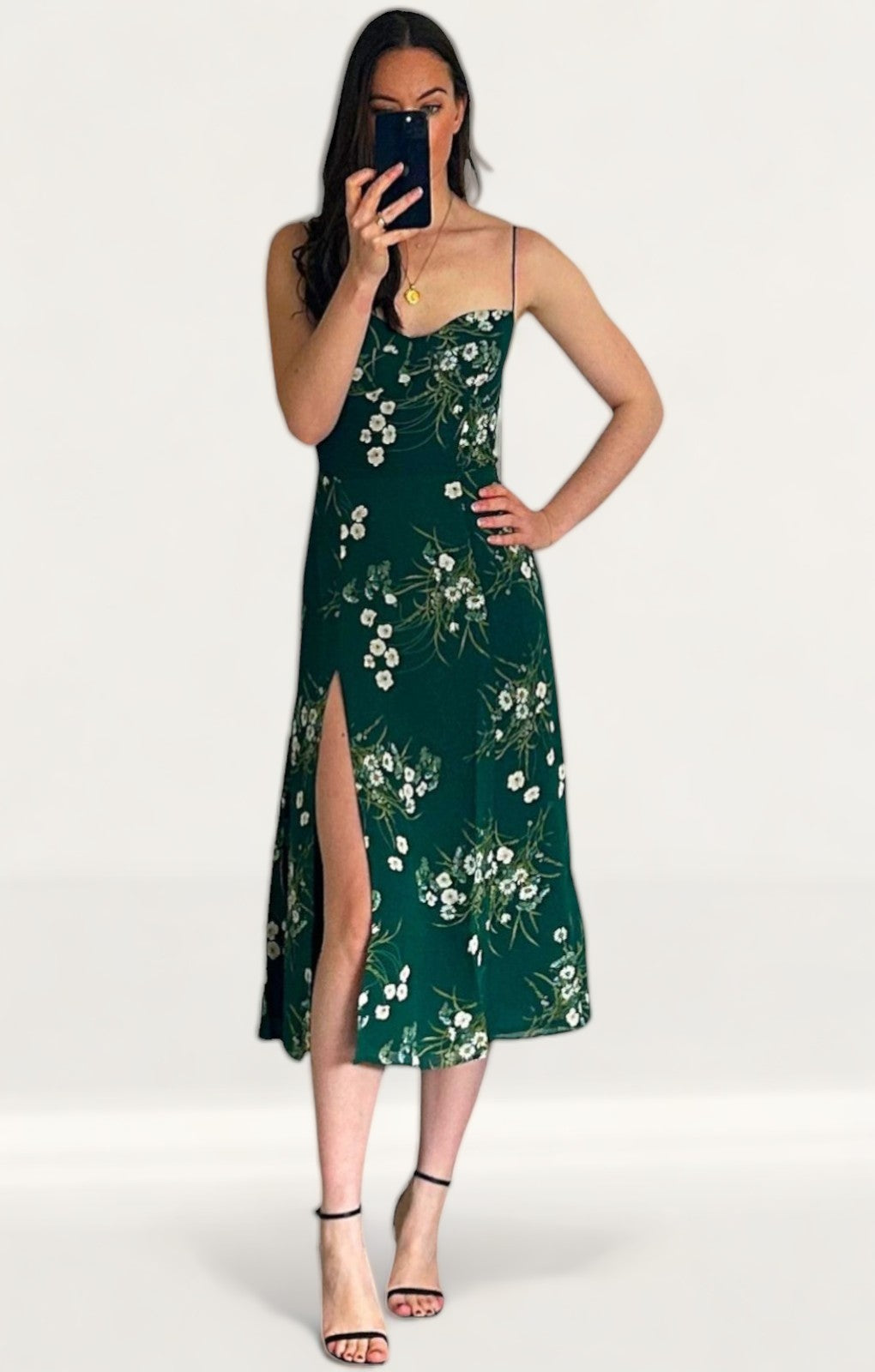 Rent Reformation Juliette Buena Midi Dress in Emerald Floral Print | Hirestreet Rent Reformation Juliette Buena Midi Dress in Emerald Floral Print | Hirestreet