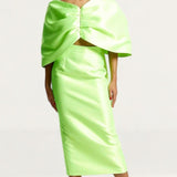 River Island Lime Green Satin Cropped Bardot Top & Midi Skirt Co-Ord