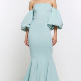 River Island Blue Bardot Puff Sleeve Maxi Dress