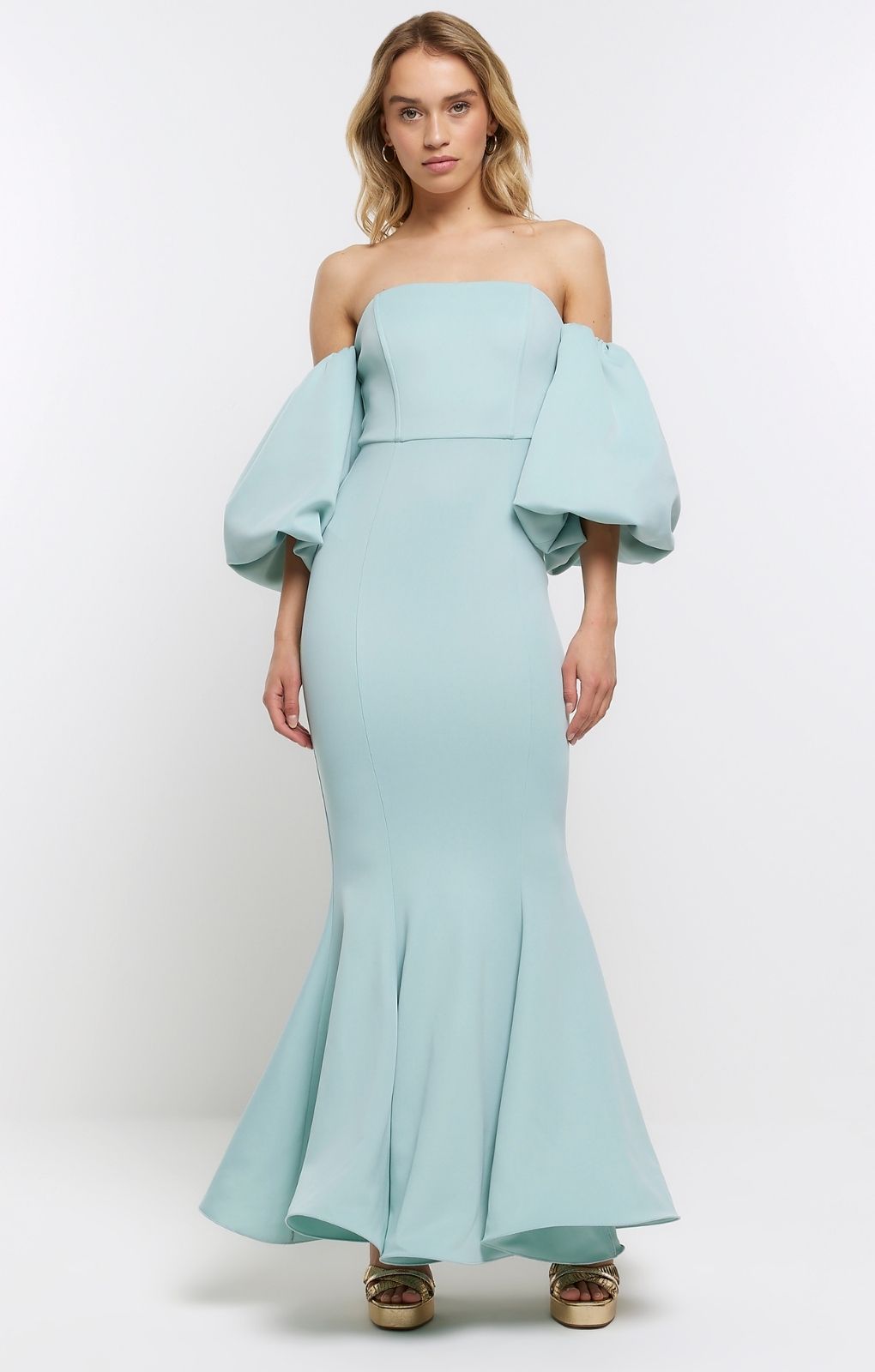 Rent River Island Blue Bardot Puff Sleeve Maxi Dress | Hirestreet Rent River Island Blue Bardot Puff Sleeve Maxi Dress | Hirestreet