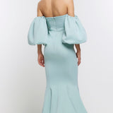 River Island Blue Bardot Puff Sleeve Maxi Dress