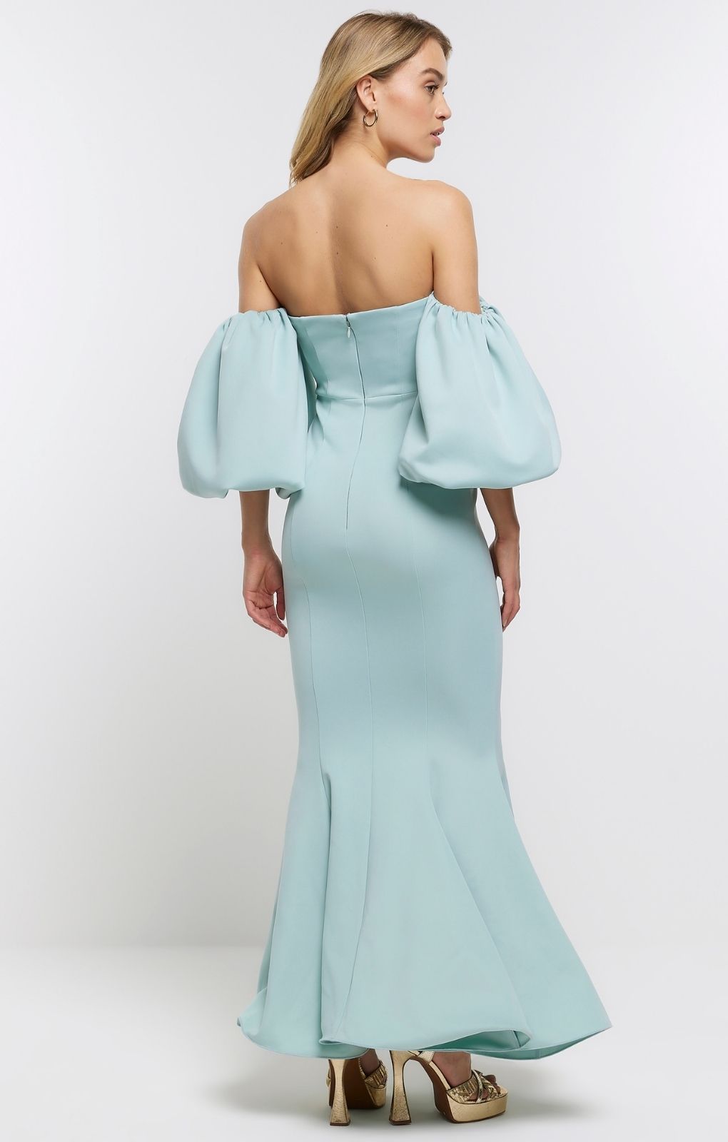 River Island Blue Bardot Puff Sleeve Maxi Dress
