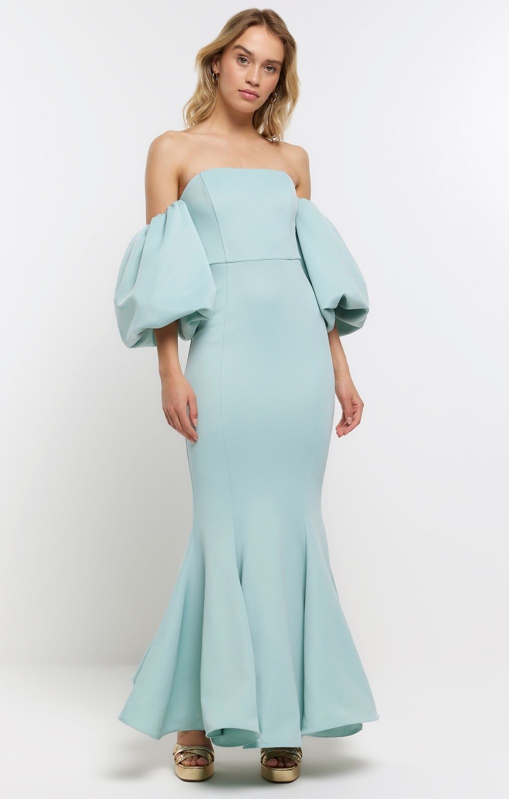 River Island Blue Bardot Puff Sleeve Maxi Dress
