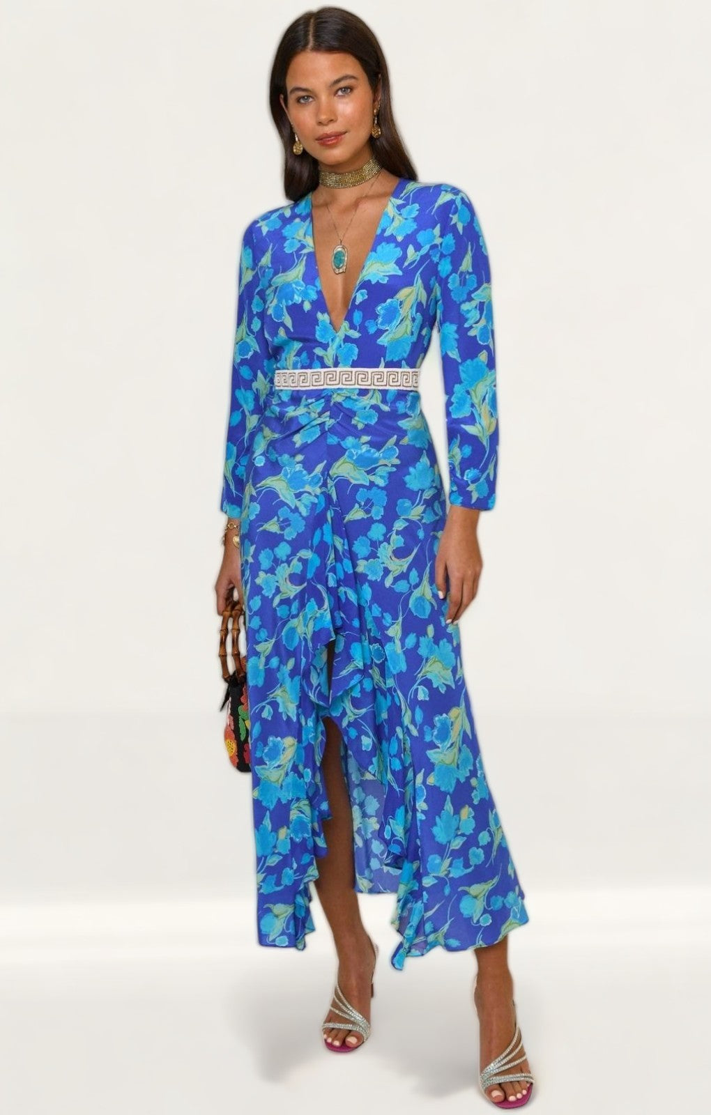 Rixo Blue Rose Floral Midi Dress