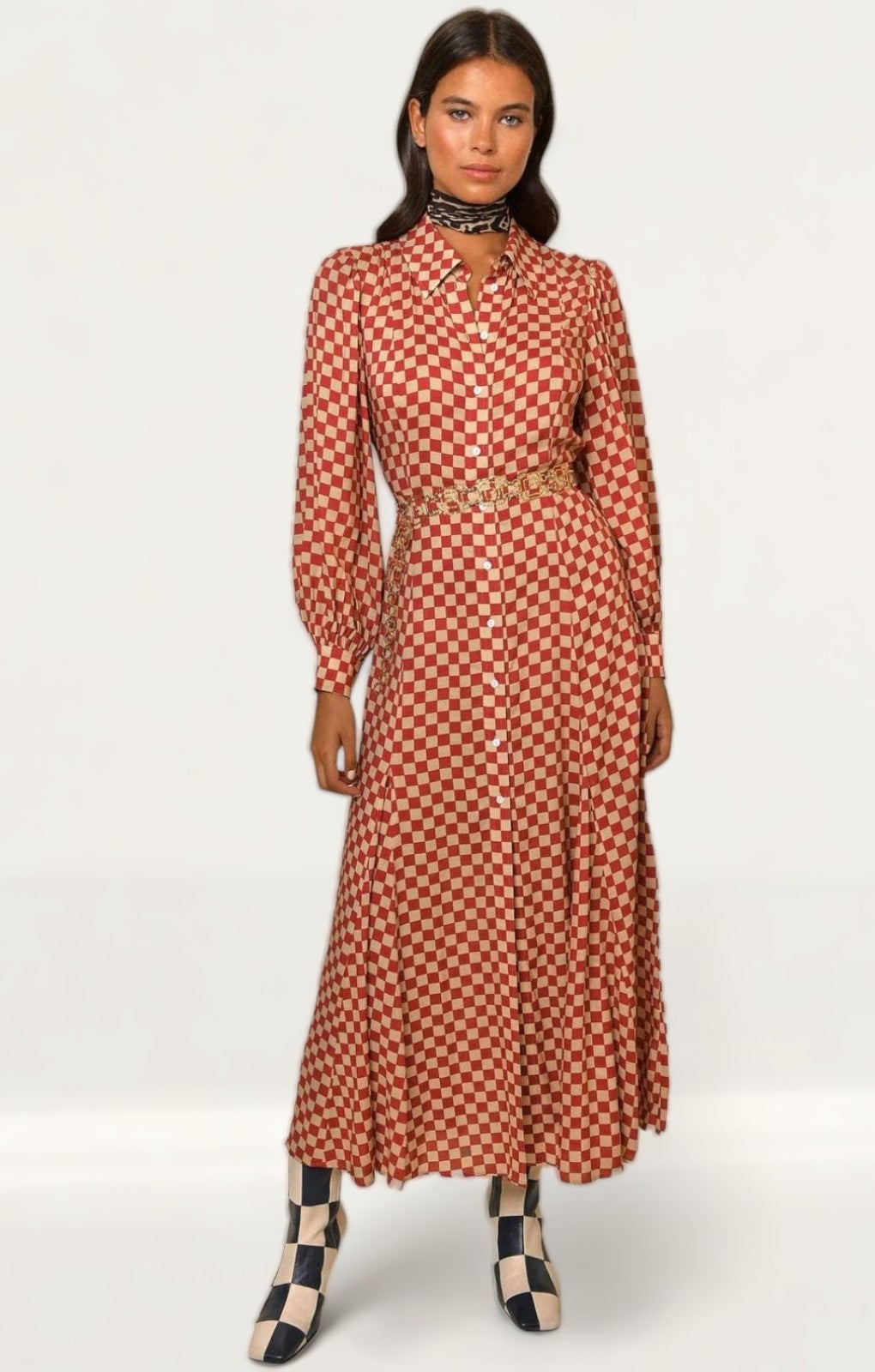 Rixo Chilli Checkerboard Maddison Midi Dress