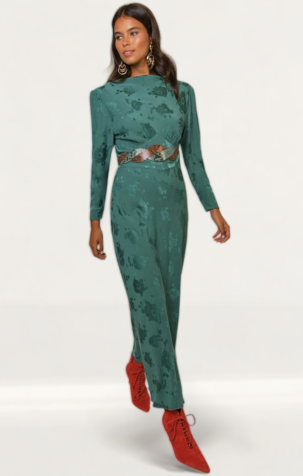 Rixo Ginger Poppy Jacquard Tie Waist Midi Dress