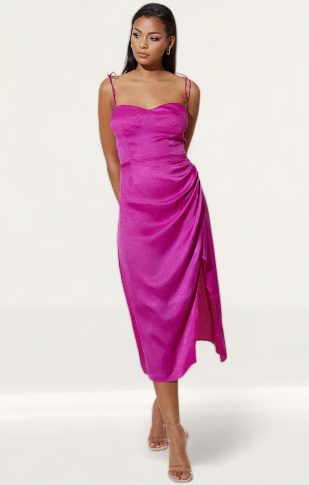 Samsara Elena Pink Satin Midi Dress