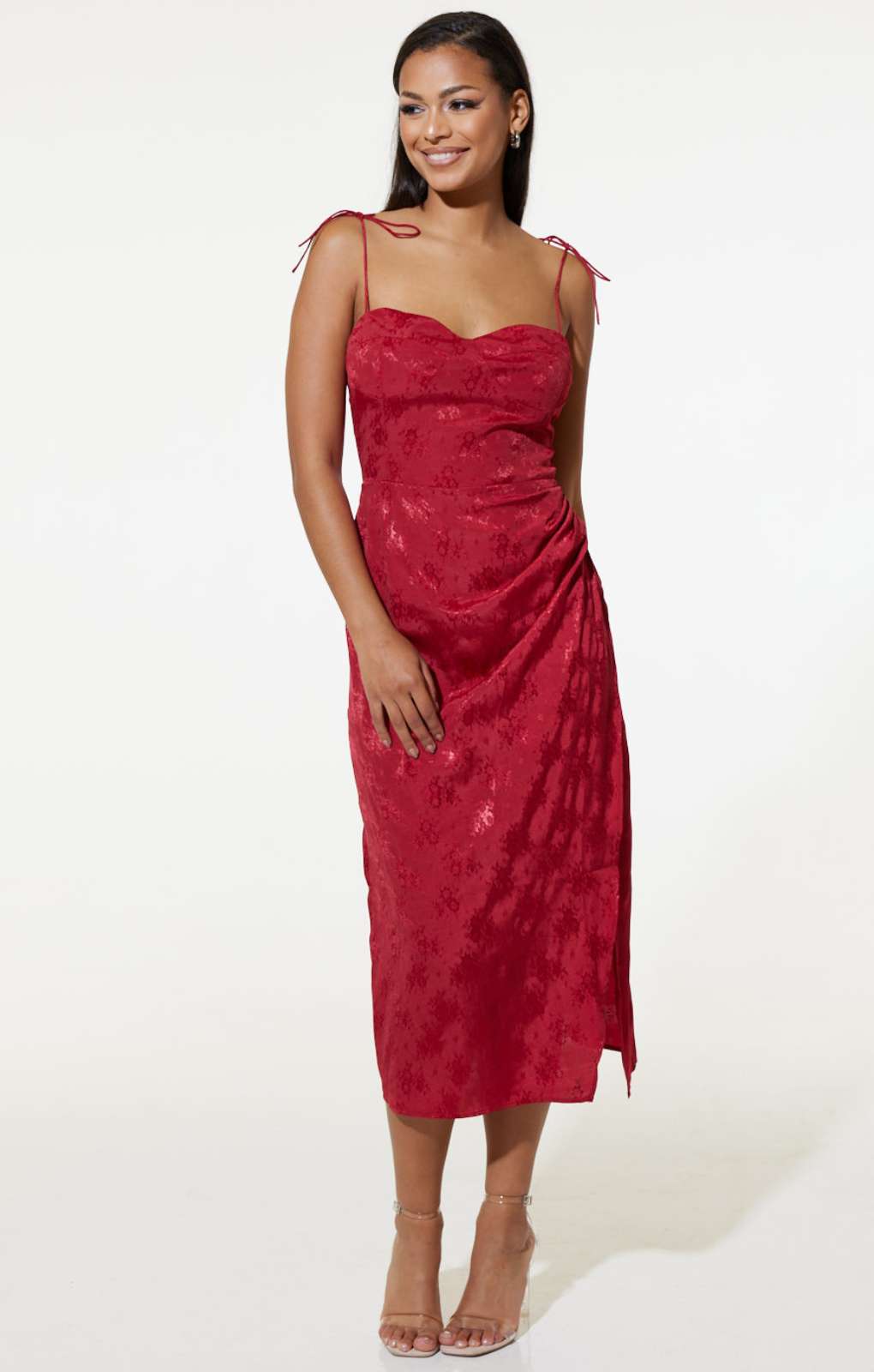 Samsara Elena Red Satin Midi Dress