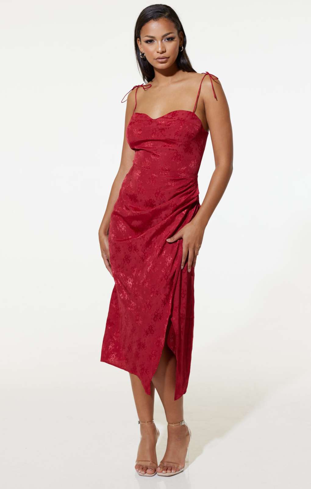 Samsara Elena Red Satin Midi Dress
