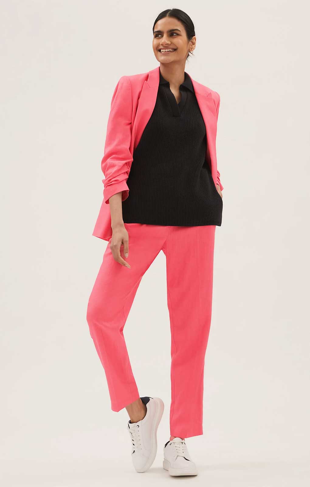 M&S Flamingo Linen Short Viscose Ruched Sleeve Blazer & Trousers product image