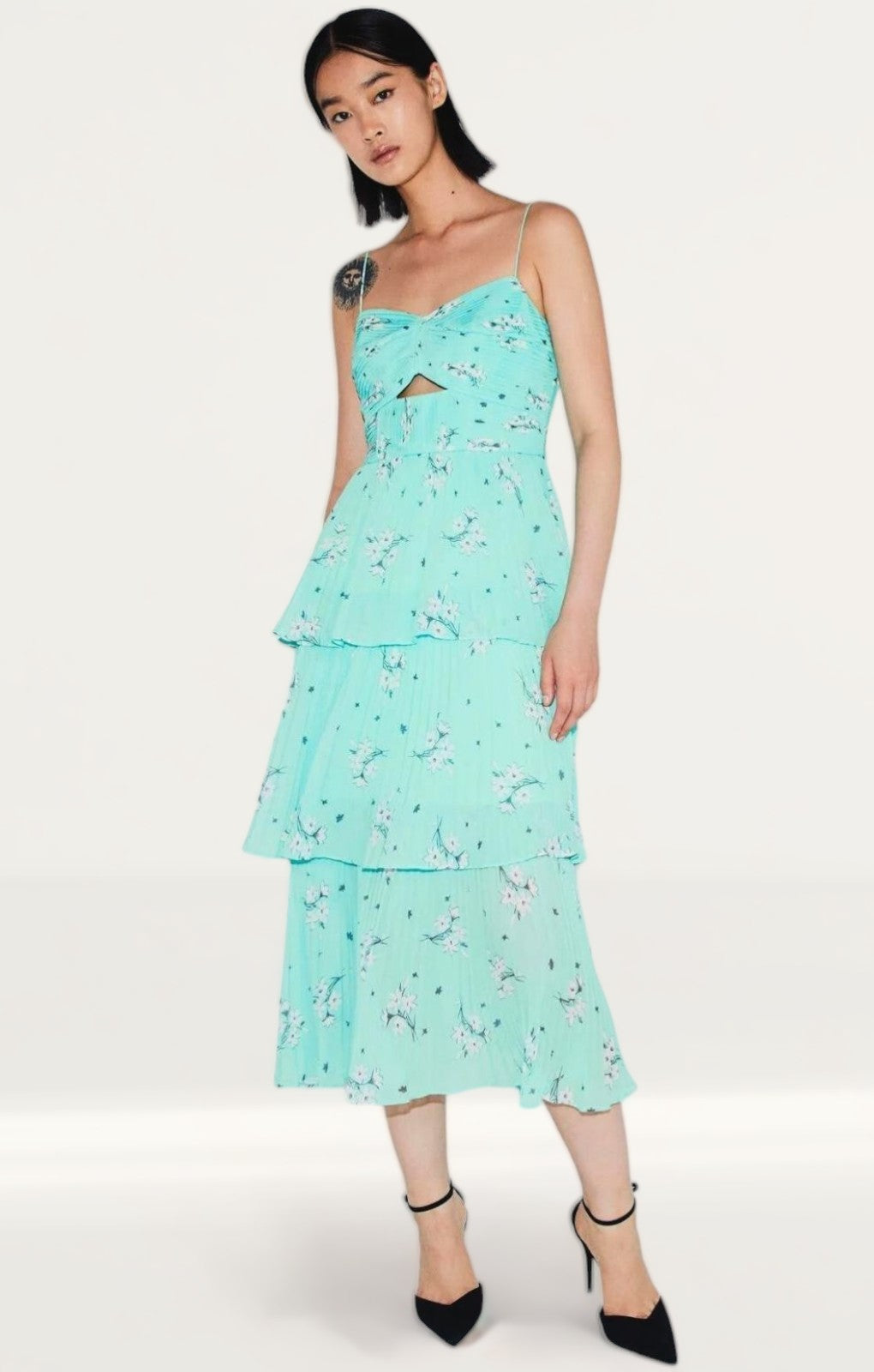 Self-Portrait Floral Tiered Chiffon Midi Dress in Mint