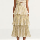 Self-Portrait Metallic Jacquard Tiered Midi Dress in Yellow