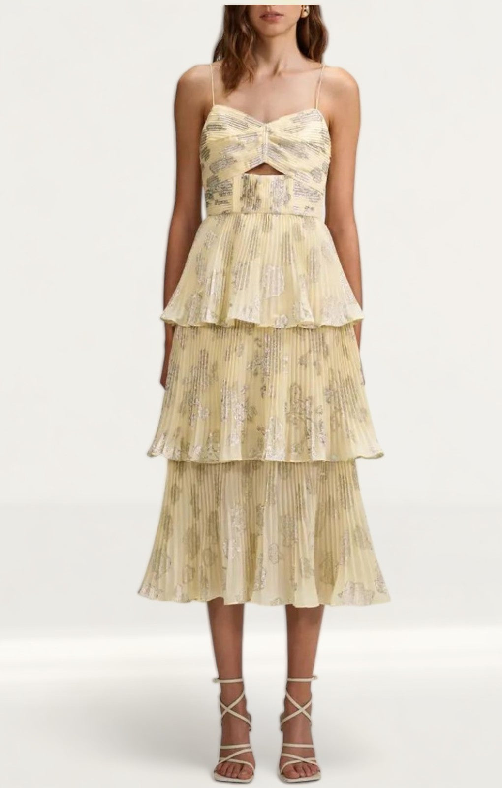 Self-Portrait Metallic Jacquard Tiered Midi Dress in Yellow