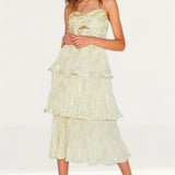 Self-Portrait Metallic Jacquard Tiered Midi Dress in Yellow