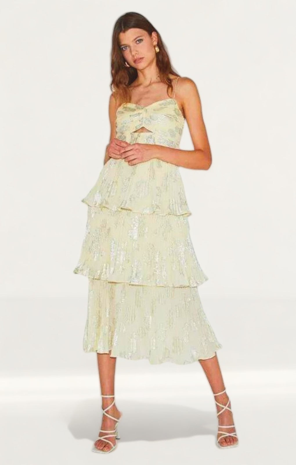 Self-Portrait Metallic Jacquard Tiered Midi Dress in Yellow