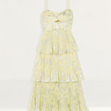 Self-Portrait Metallic Jacquard Tiered Midi Dress in Yellow