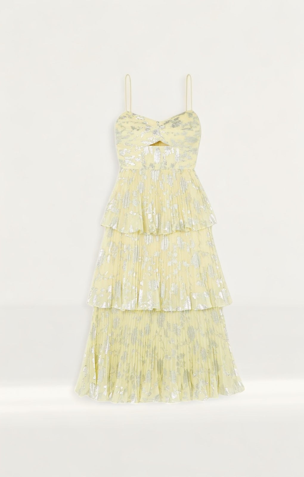 Self-Portrait Metallic Jacquard Tiered Midi Dress in Yellow