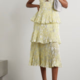 Self-Portrait Metallic Jacquard Tiered Midi Dress in Yellow