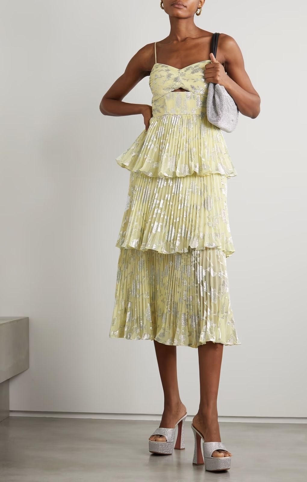 Self-Portrait Metallic Jacquard Tiered Midi Dress in Yellow