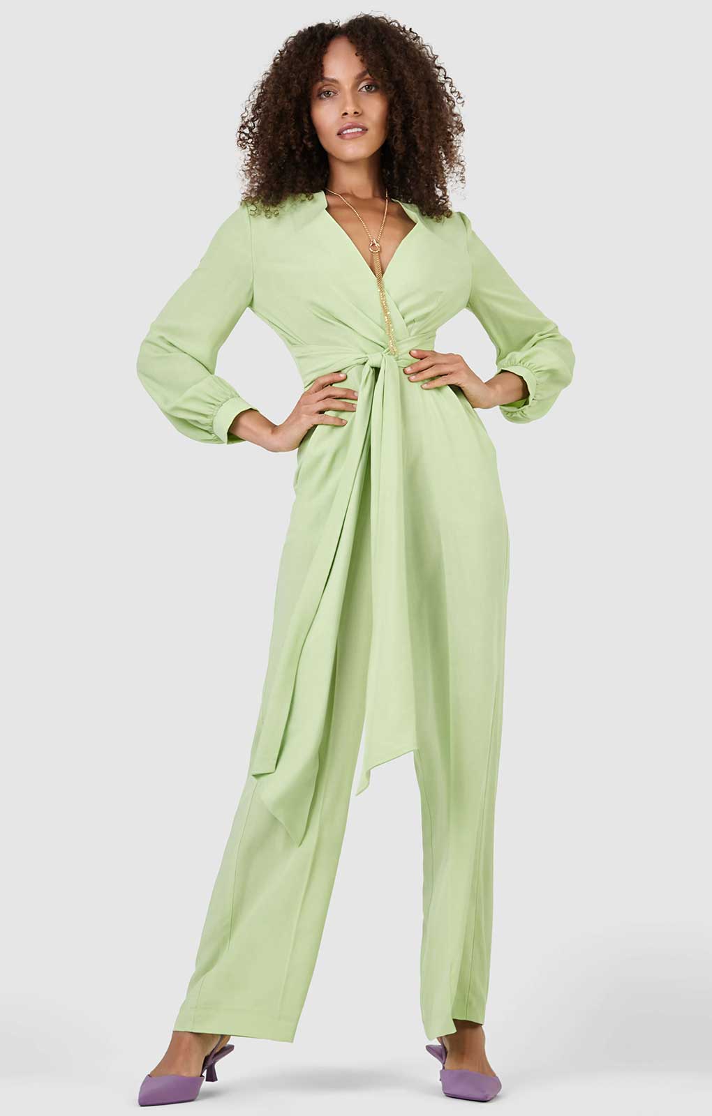 Closet London Lime Green Wrap Wide Leg Jumpsuit