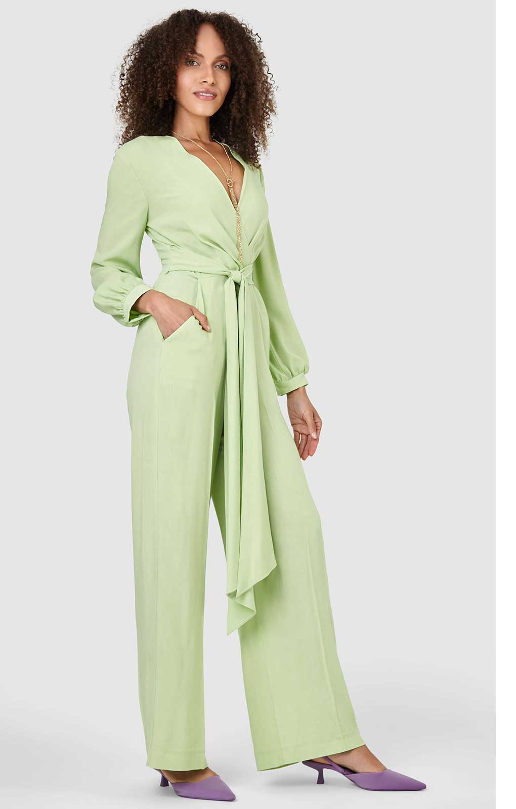 Closet London Lime Green Wrap Wide Leg Jumpsuit