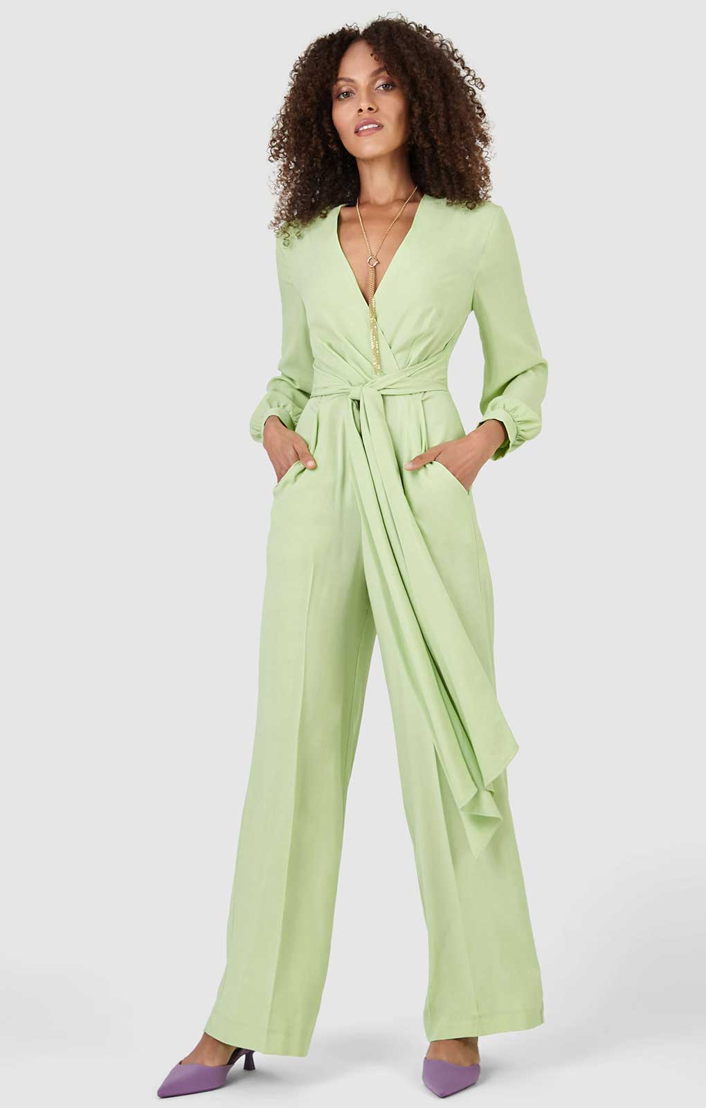 Closet London Lime Green Wrap Wide Leg Jumpsuit