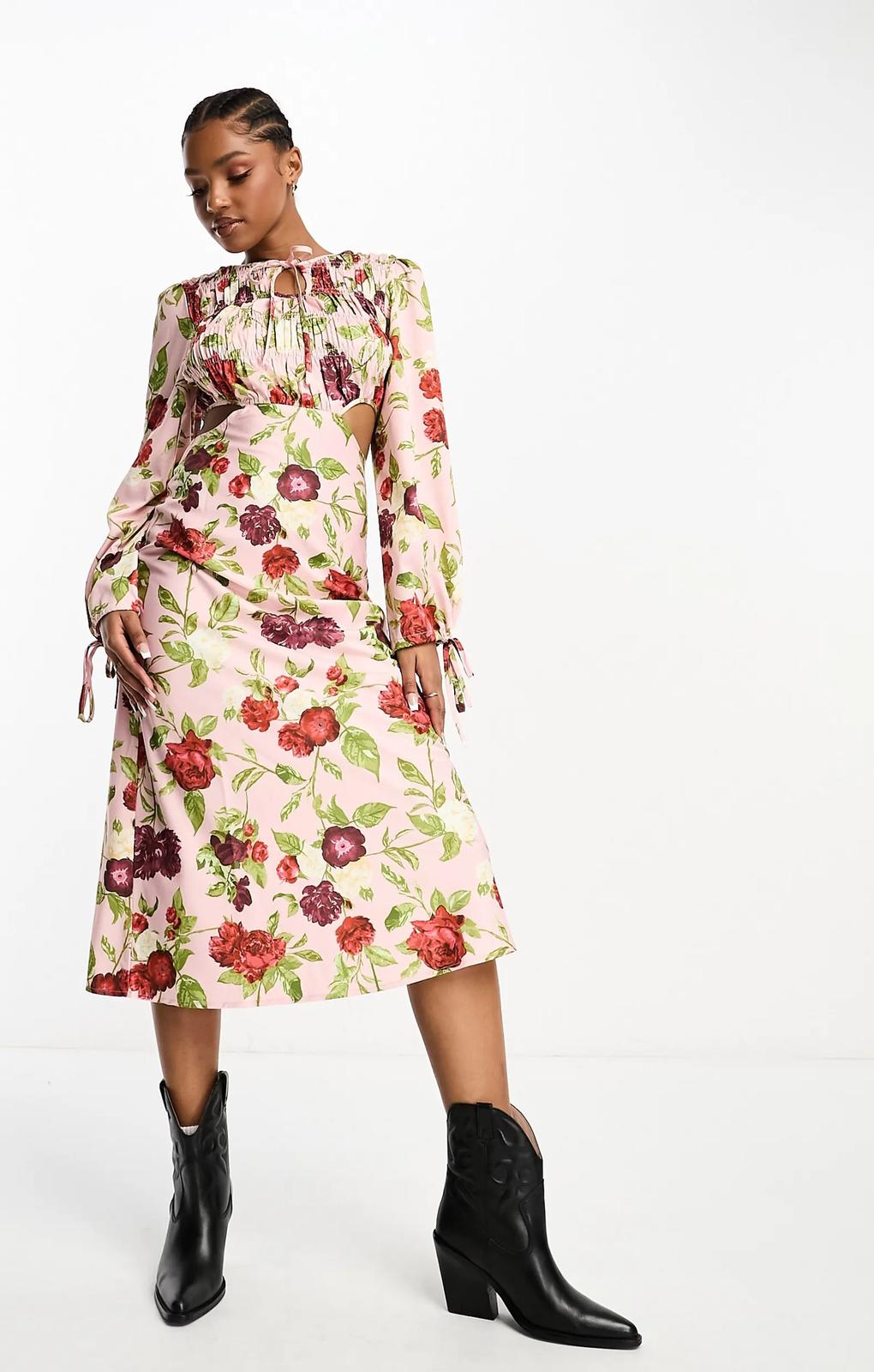 The Frolic Exclusive Rose Garden Floral Print Cut-Out Detail Midi Dress In Dusty Pink – dresses by The Frolic, available to rent from Hirestreet