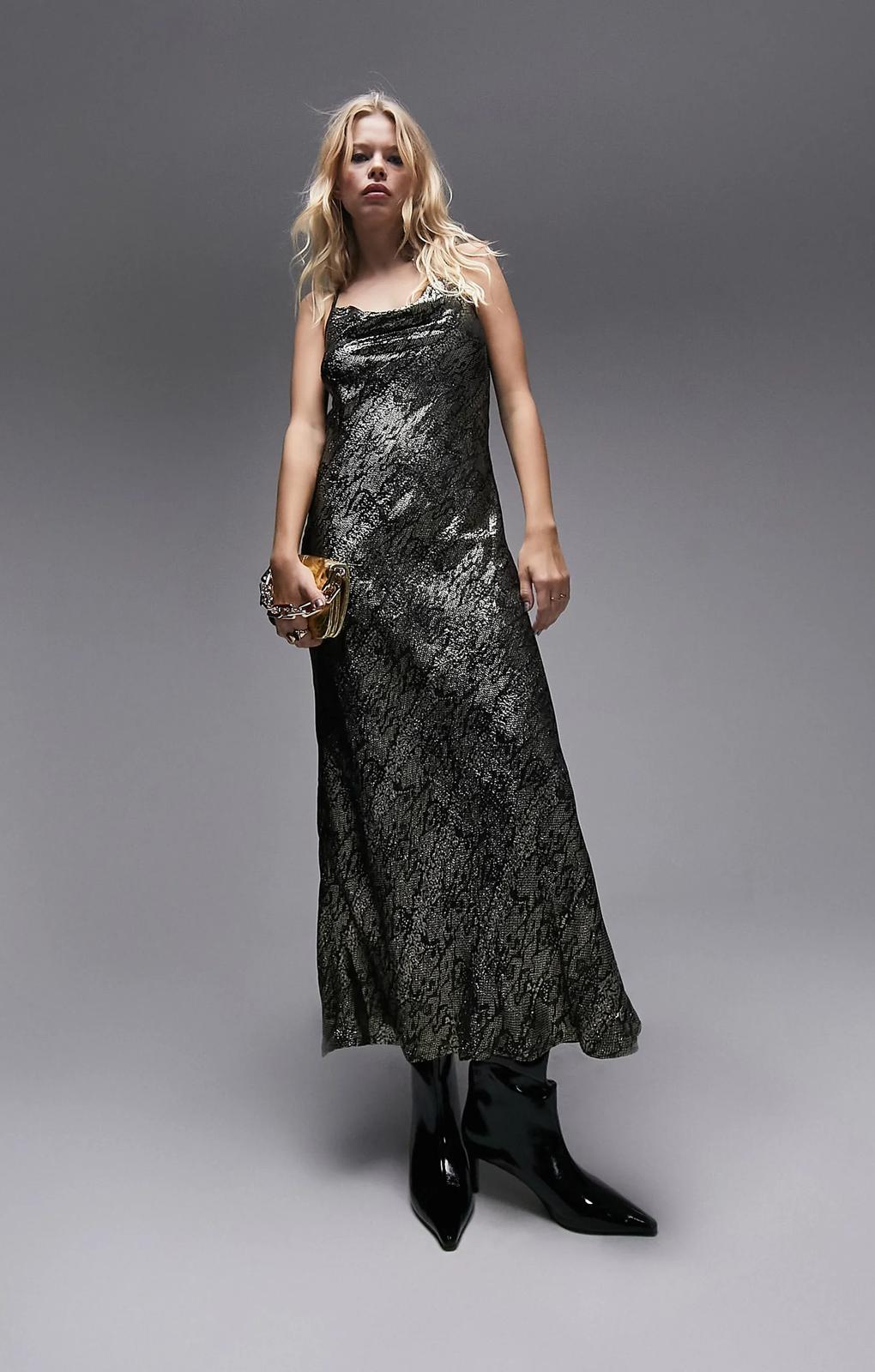 Topshop Cowl Neck Maxi Slip Dress In Metallic Animal Print – dresses by Topshop, available to rent from Hirestreet