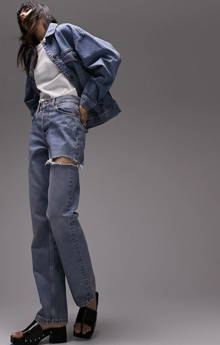 Topshop Dad Mid Rise Straight Jean With Side Rip In Bleach – jeans by Topshop, available to rent from Hirestreet