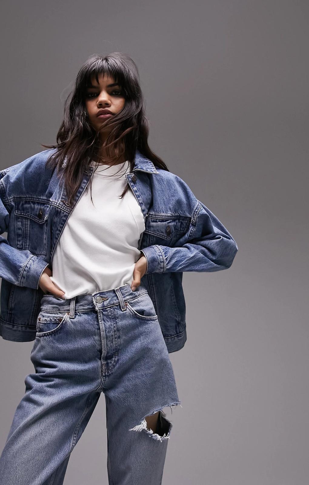 Topshop Dad Mid Rise Straight Jean With Side Rip In Bleach – jeans by Topshop, available to rent from Hirestreet