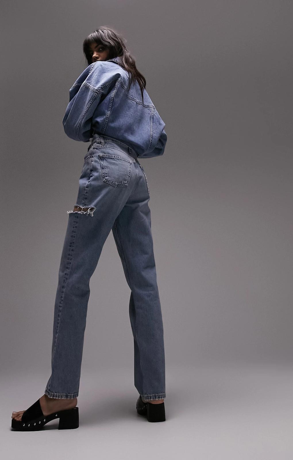 Topshop Dad Mid Rise Straight Jean With Side Rip In Bleach – jeans by Topshop, available to rent from Hirestreet