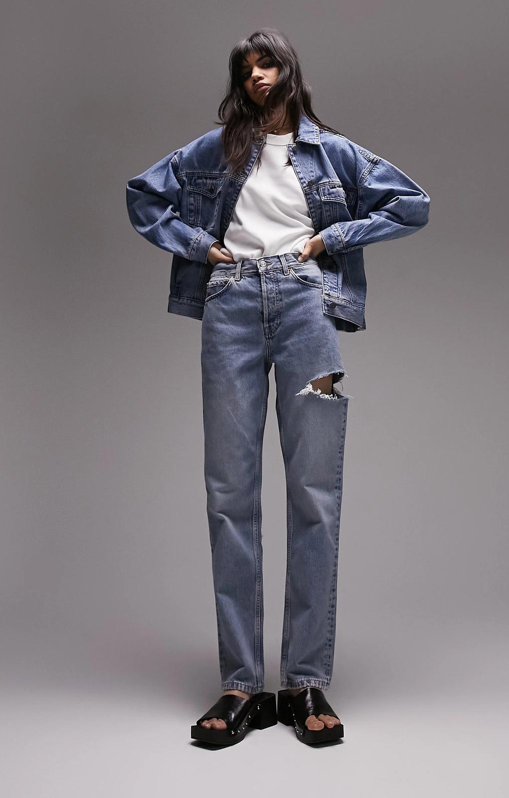 Topshop Dad Mid Rise Straight Jean With Side Rip In Bleach – jeans by Topshop, available to rent from Hirestreet