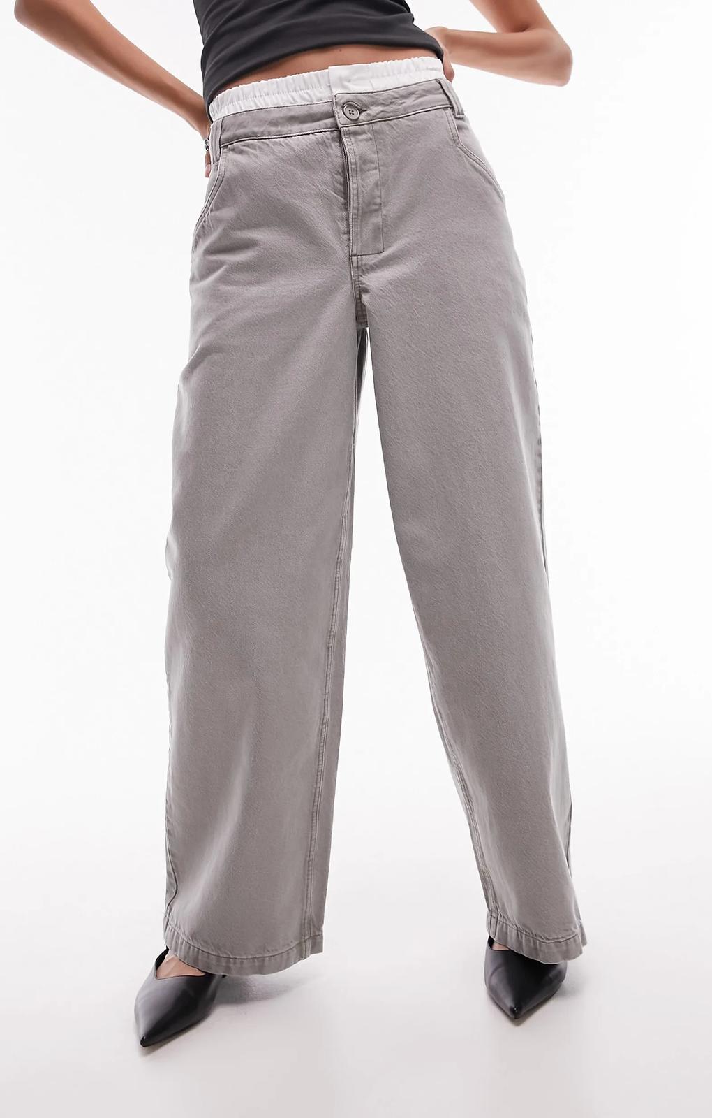 Topshop Deconstructed Boxer Short Insert Washed Wide Leg Trouser In Grey – trousers by Topshop, available to rent from Hirestreet