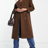 Topshop Double Breasted Long Coat In Chocolate