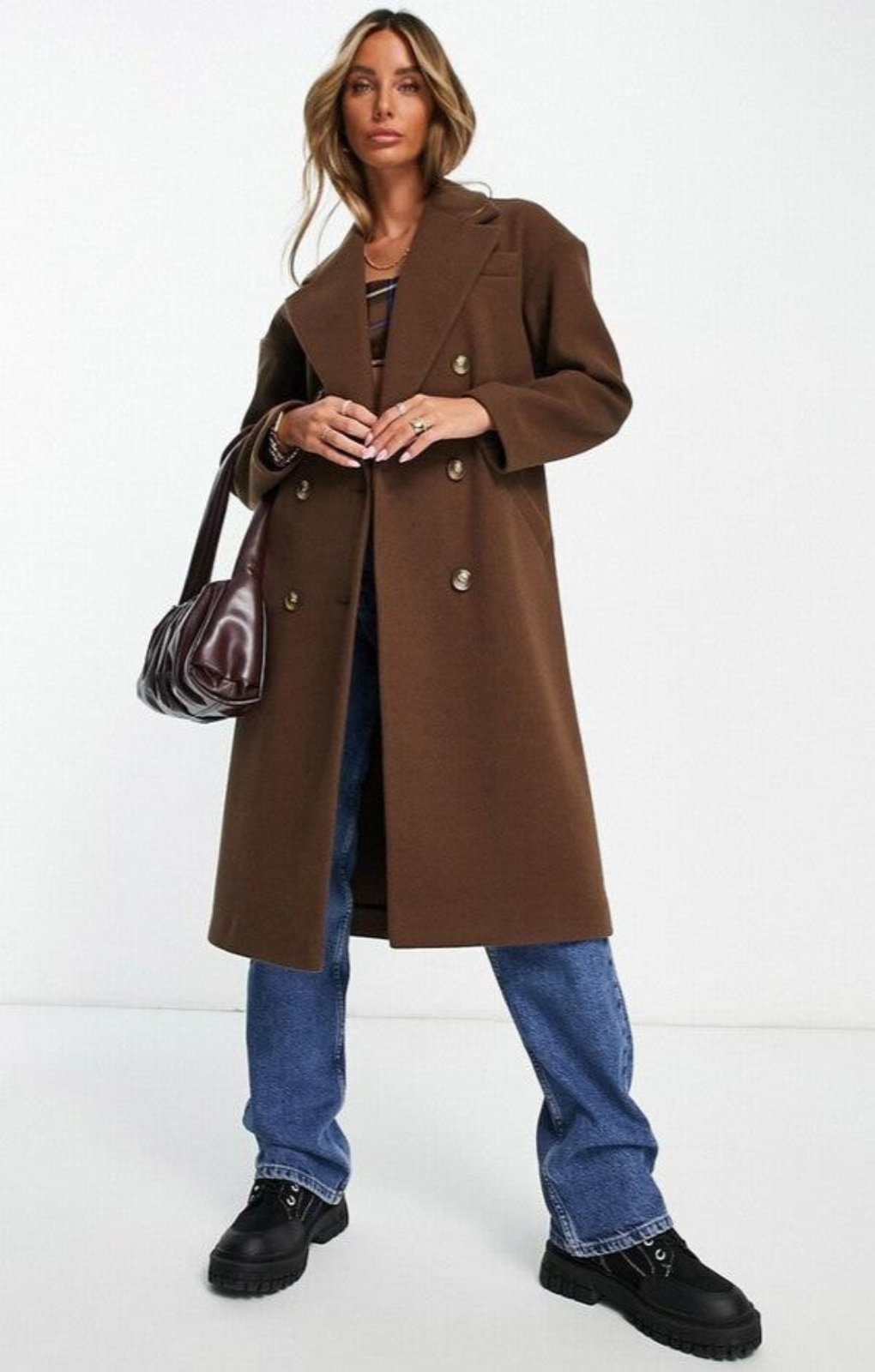 Topshop Double Breasted Long Coat In Chocolate