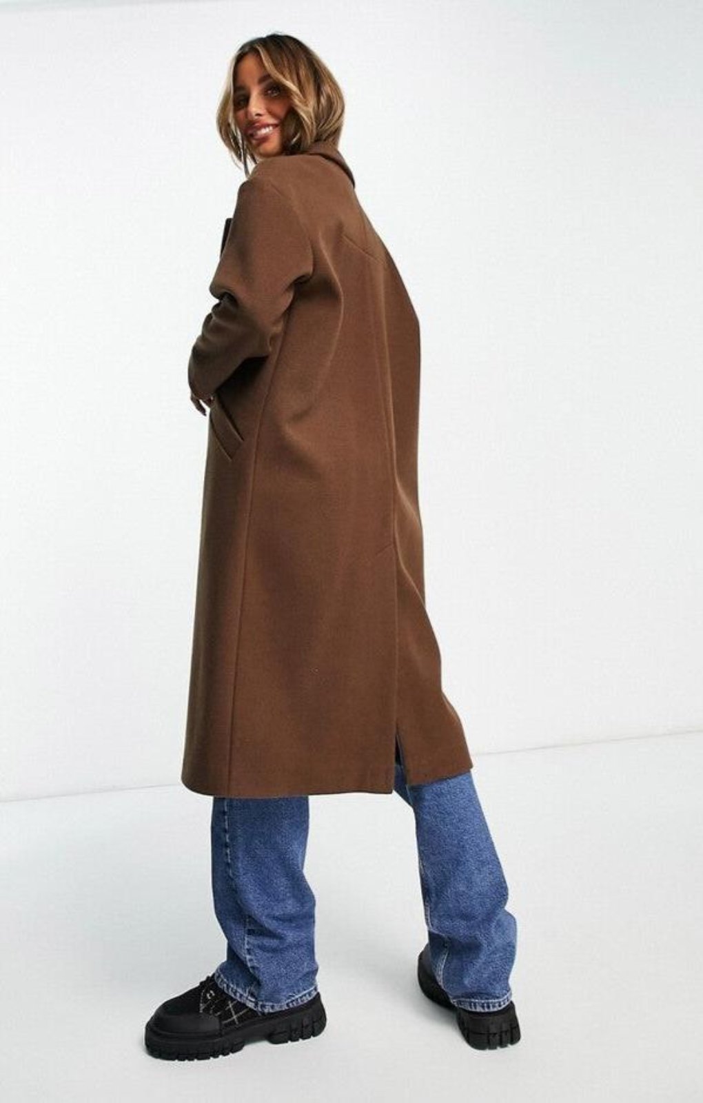 Topshop Double Breasted Long Coat In Chocolate