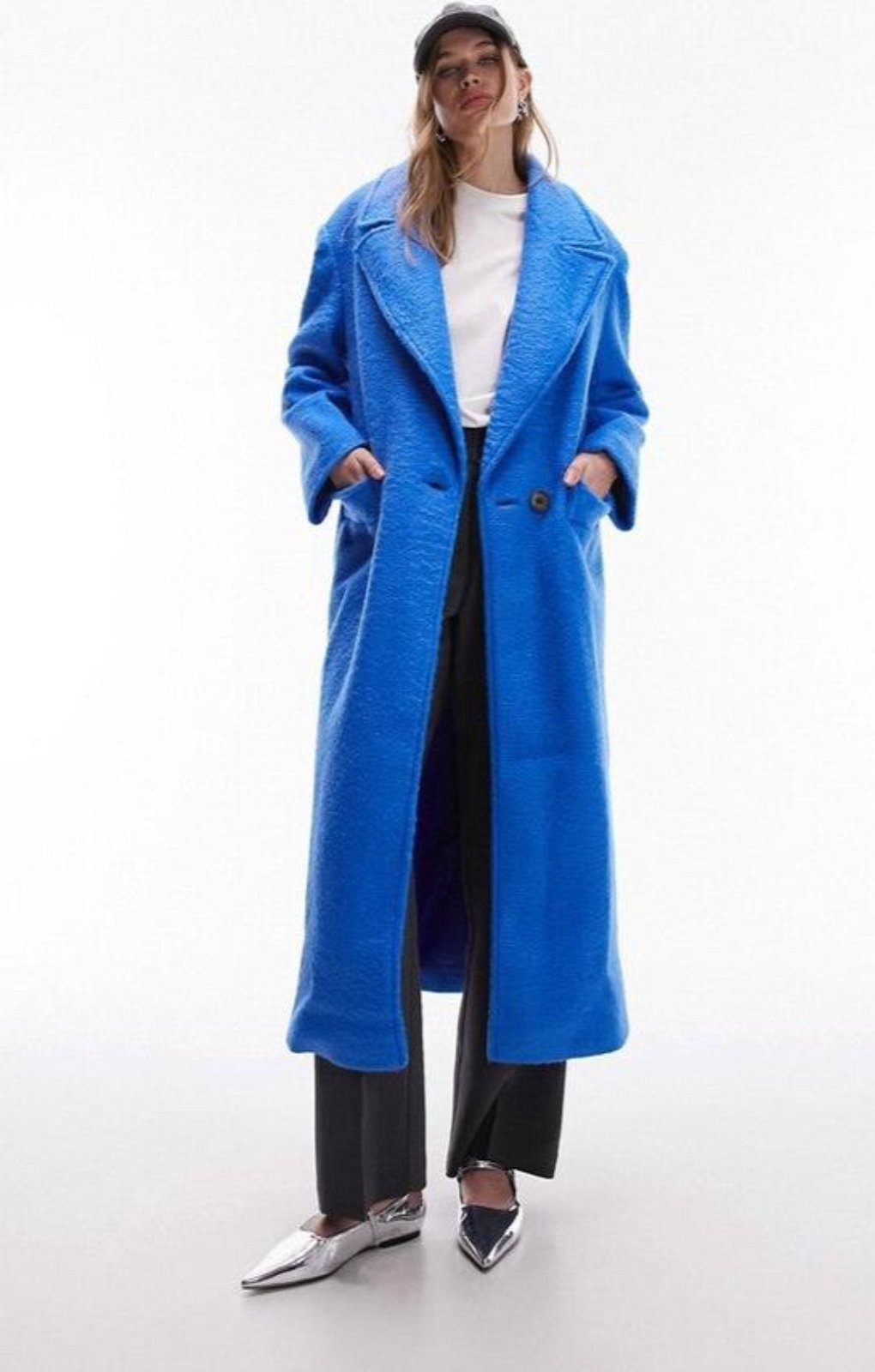 Topshop Extreme Shoulder Brushed Overcoat In Blue