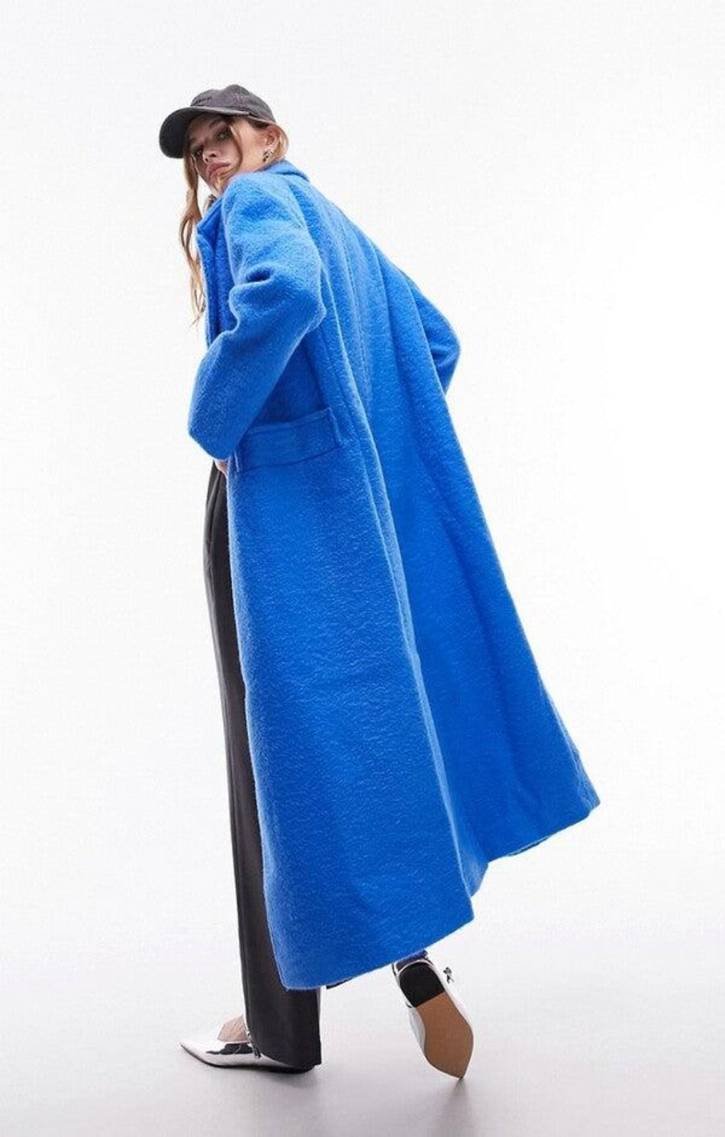 Topshop Extreme Shoulder Brushed Overcoat In Blue