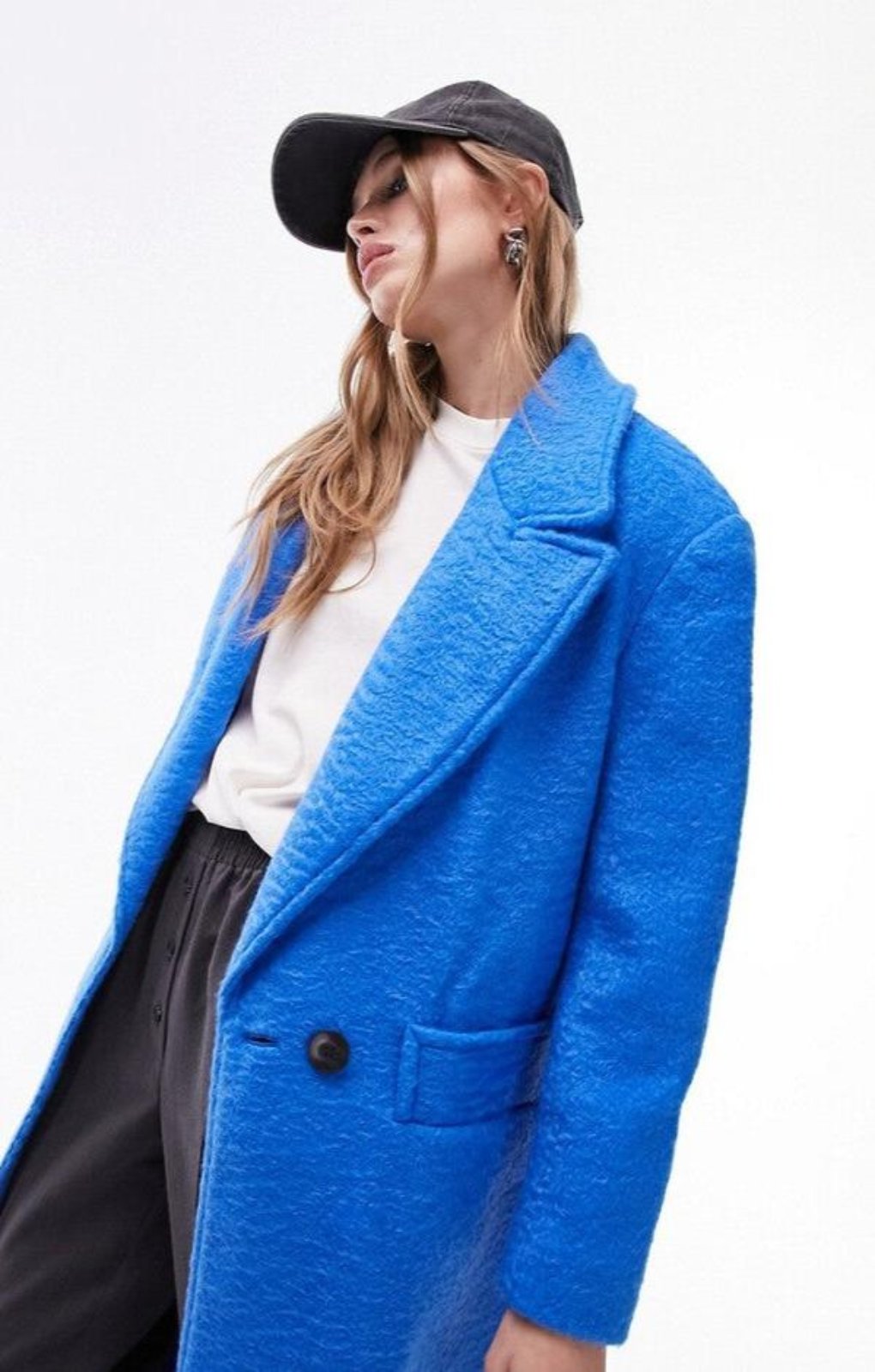 Topshop Extreme Shoulder Brushed Overcoat In Blue