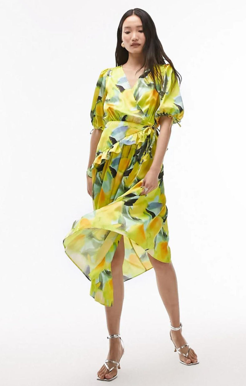 Topshop Floral Midi Wrap Occasion Dress In Yellow Floral Print – dresses by Topshop, available to rent from Hirestreet